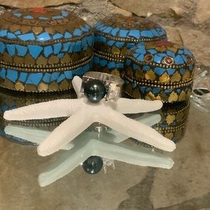 Silver White Topaz Blue Green Pearl Ring